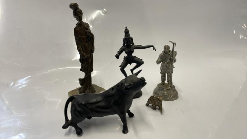 SMALL PEWTER FIGURE OF AN EXPLORER, BRASS THAI DANCER, METAL BULL, BRONZE GEISHA, 19.5CM, TINY