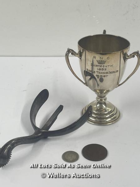 ASSORTED ITEMS INCL. JOCKEYS LEFT SPUR MARKED MAXWELL, E.P.N.S. SILVER CUP - ENGRAVED 1952, 9CM