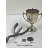 ASSORTED ITEMS INCL. JOCKEYS LEFT SPUR MARKED MAXWELL, E.P.N.S. SILVER CUP - ENGRAVED 1952, 9CM