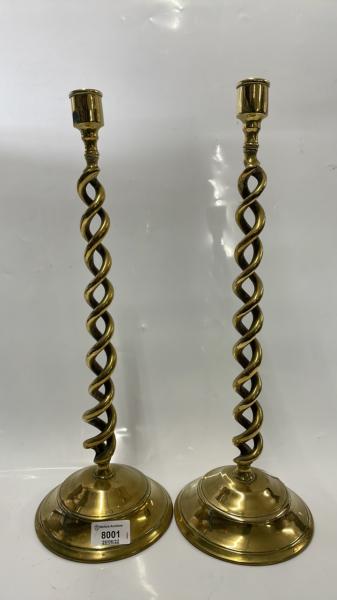 PAIR OF OPEN BARLEYTWIST BRASS CANDLESTICKS, 44CM