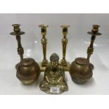 BRASS BUDDHA, TWO PAIRS OF CANDLESTICKS, PAIR OF BRASS POTS FROM THE BRITISH EMPIRE EXHIBITION 1924
