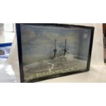 MODEL BATTLESHIP IN PAINTED GLAZED CASE, 46CM WIDE