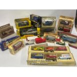 ASSORTED BOXED DIE CAST CARS, TRUCKS AND BUSES INCLUDING DAYS GONE, MAISTO, AND CORGI
