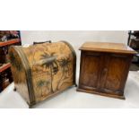 SMALL EDWARDIAN OAK CABINET WITH TWO PANELLED DOORS, 27CM; MODERN DOMED CASKET, 30CM WIDE