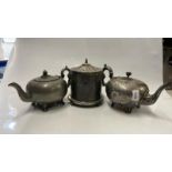 TWO SILVER PLATED TEAPOTS AND SIMILAR BISCUIT BARREL