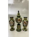 VICTORIAN OPAQUE GLASS GARNITURE COMPRISING LIDDED VASE AND PAIR OF BALUSTER VASES, TALLEST 55CM
