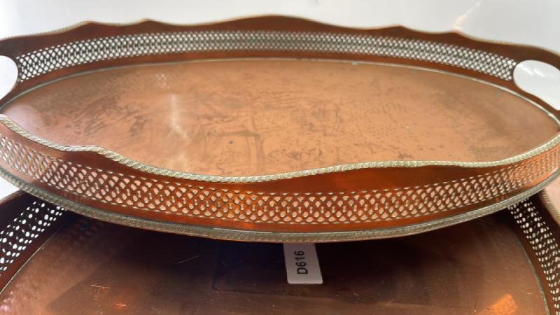 LARGE OVAL TWIN HANDLED COPPER TRAY BY HUGH WALLIS, 63CM OVERALL; PAIR OF PREVIOUSLY PLATED OVEL - Image 4 of 4