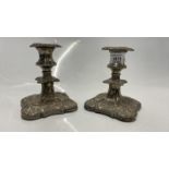 PAIR OF DWARF SILVER PLATED CANDLESTICKS, 14CM