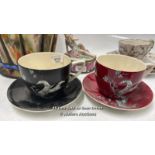 NEAR PAIR OF CROWN DEVON OVERSIZE TEA CUPS AND SAUCERS, OTHER DECORATIVE ITEMS