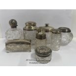 EIGHT SILVER TOPPED PERFUME BOTTLES AND DISHES OF SIMILAR CUT GLASS, TALLEST 12CM HIGH