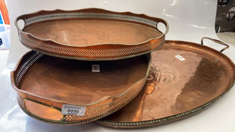 LARGE OVAL TWIN HANDLED COPPER TRAY BY HUGH WALLIS, 63CM OVERALL; PAIR OF PREVIOUSLY PLATED OVEL