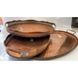 LARGE OVAL TWIN HANDLED COPPER TRAY BY HUGH WALLIS, 63CM OVERALL; PAIR OF PREVIOUSLY PLATED OVEL