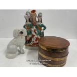 ASSORTED ANTIQUES INCLUDING WOODEN TOBACCO BOX, WHITE CHINA DOG AND FORRESTER ORNAMENT