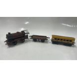 HORNBY O GAUGE LOCOMOTIVE 5600, PULLMAN COACH AND FLATBED TRAILER