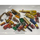 COLLECTION OF PLAY WORN DIE CAST VEHICLES INCLUDING TRACTORS, CRANES, TRUCKS AND TRAINS. BRANDS