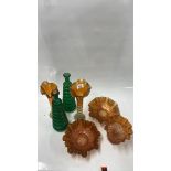 PAIRS OF CARNIVAL GLASS VASES AND BOWLS, ANOTHER BOWL, PAIR OF GREEN GLASS BOTTLES