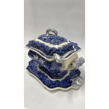 MODERN MASONS VISTA BLUE AND WHITE SOUP TUREEN, LADLE AND STAND