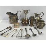 QUANTITY OF ANTIQUE SILVER WARE INCLUDING SPOONS, TROPHY, SUGAR NIPS, TWO SILVER MILK JUGS, ONE