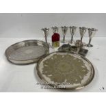 ASSORTED SILVER PLATE ITEMS INCLUDING SIX GOBLETS, TWO TRAYS AND HIP FLASKS