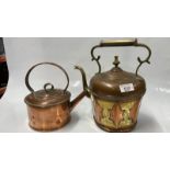 TWO COPPER KETTLES, ONE WITH BRASS EMBELLISHMENTS
