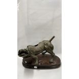 LARGE MODERN BRASS MODEL OF A TIGER ON WOODEN STAND, 60CM WIDE OVERALL