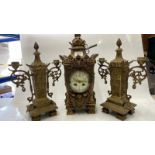 19TH CENTURY FRENCH BRASS CLOCK GARNITURE, TWO TRAIN MOVEMENT STRIKING ON A GONG, 40CM THE CLOCK