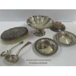ASSORTED SILVER ITEMS INCLUDING DISHES, BRUSH, SPOONS AND PIN CUSHION AND 12K GOLD HAIR PIN (10)