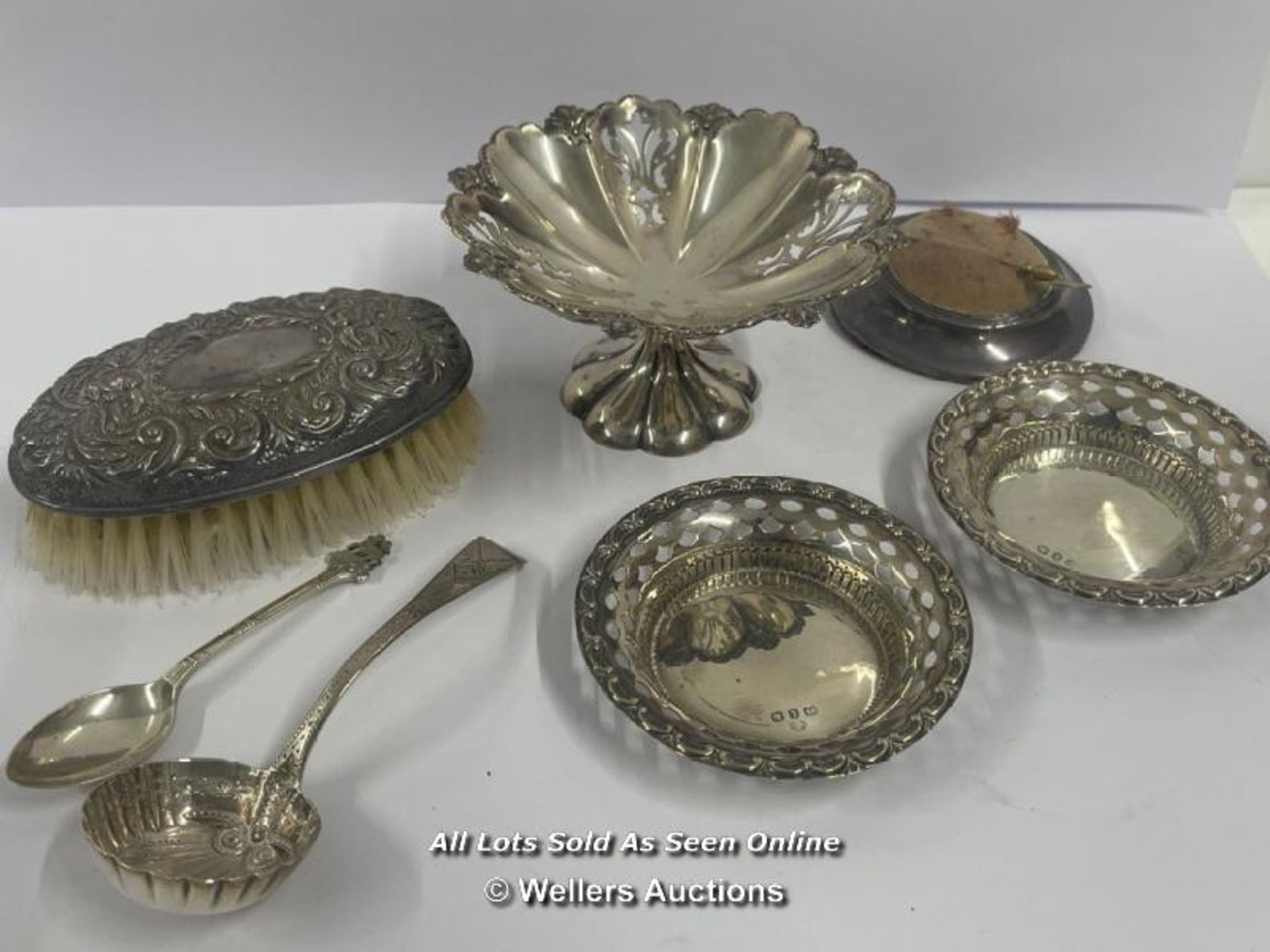 ASSORTED SILVER ITEMS INCLUDING DISHES, BRUSH, SPOONS AND PIN CUSHION AND 12K GOLD HAIR PIN (10)