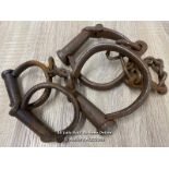 *2 PAIRS OF ANTIQUE WROUGHT IRON HANDCUFFS SHACKLES HIATT 55 NO KEY