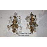 PAIR OF PERIOD BRASS WALL LIGHT FITTINGS WITH GLASS DROPS
