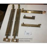 FIVE DOOR BOLTS, BRASS AND WROUGHT IRON