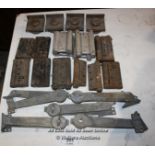 DOOR HINGES, SET OF FOUR BRASS STAYS, AND WINDOW STAYS