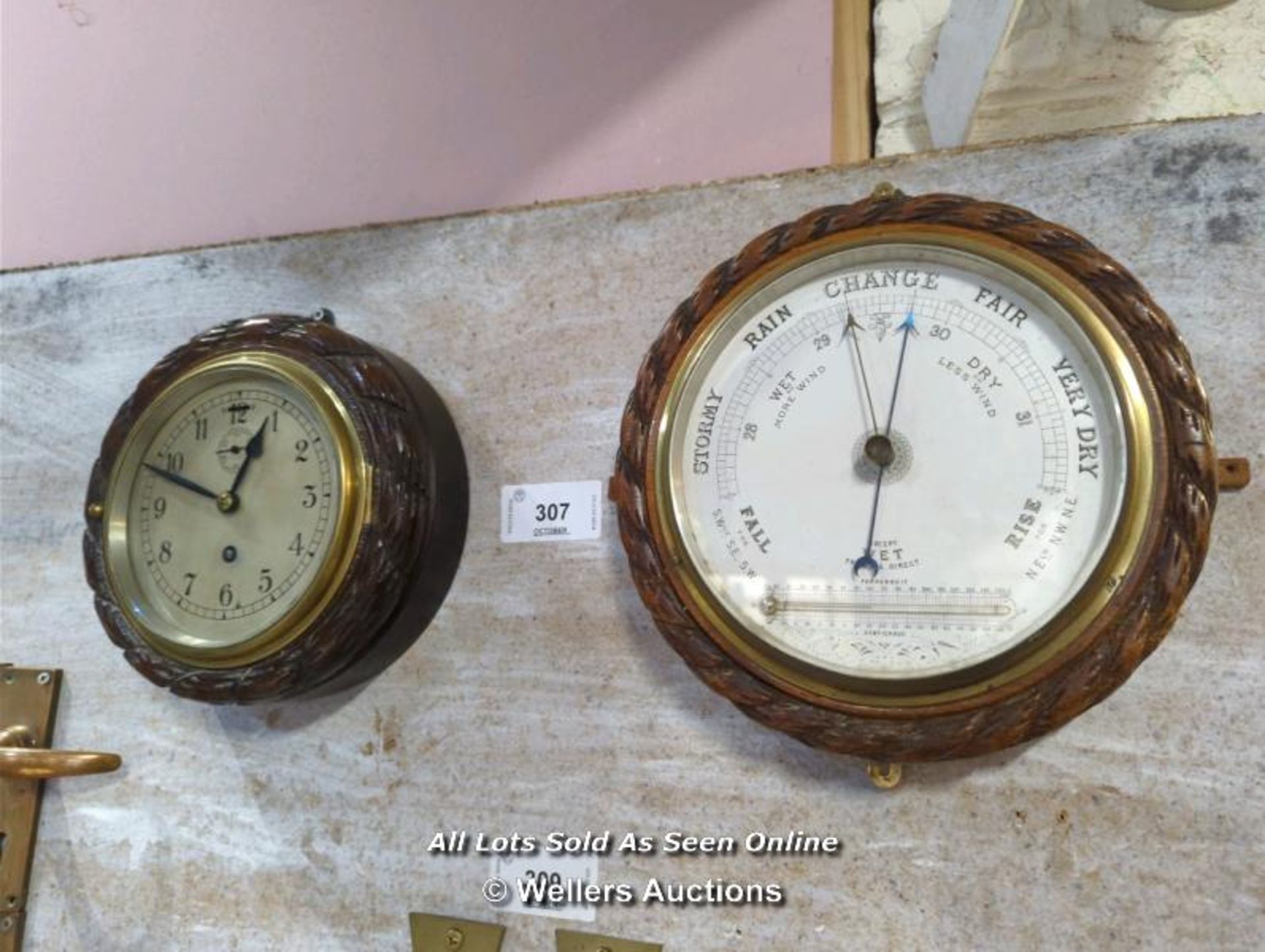 SHIPS CLOCK AND BAROMETER IN CARVED OAK CASES - Image 3 of 3