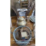 WIRE BASKET, SCALES, OLD GAS STOVE, KETTLE