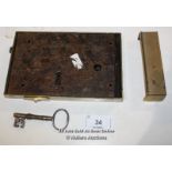 MASSIVE PERIOD BRASS RIM LOCK WITH KEY AND KEEP - 155 X 255