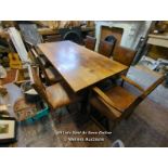 OAK TABLE AND EIGHT LEATHER BOUND CHAIRS - 29" H X 78" L X 3' W