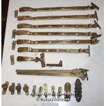 SIX MATCHING BRASS CASEMENT WINDOW STAYS AND OTHER BITS