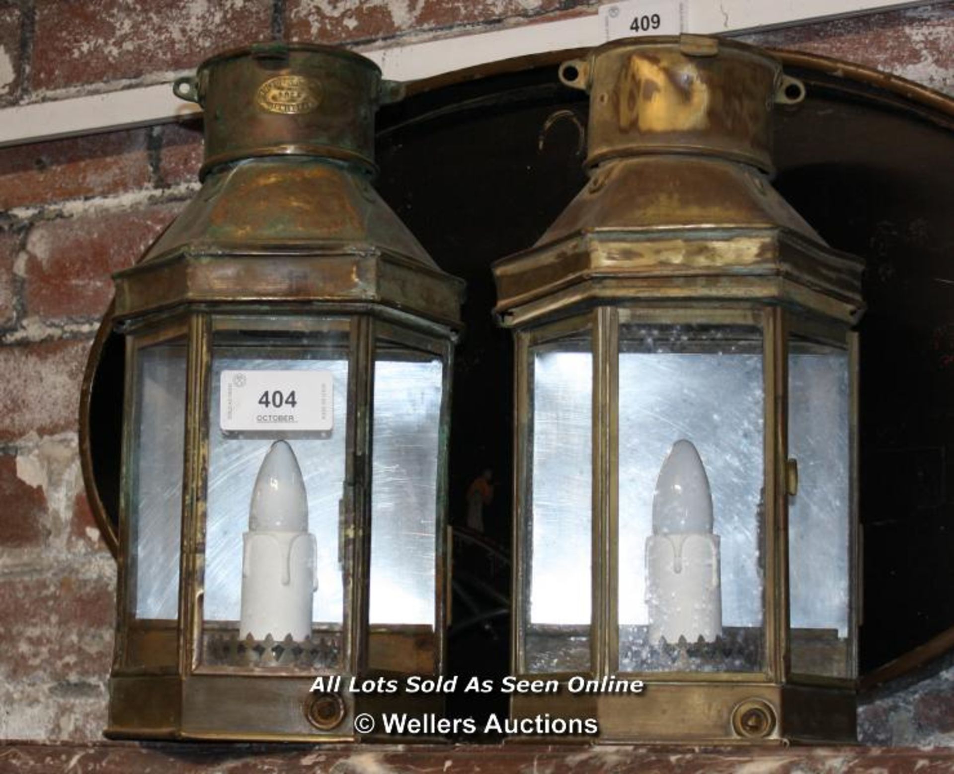 PAIR OF BRASS RAILWAY LANTERNS MADE IN BIRMINGHAM - 16" X 8"