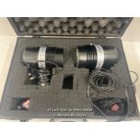 A PAIR OF PORTAFLASH STUDIO LIGHTING 336VM PHOTOGRAPHY LIGHTS, BOTH IN WORKING ORDER. CASED