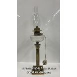 BRASS COLUMN OIL LAMP WITH CUT GLASS FONT AND CHIMNEY, CONVERTED TO ELECTRICITY, 75CM HIGH