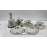 A SMALL COLLECTION OF COMMEMORATIVE WARE INCL. TEA POT AND UNOPENED BELLS WHISKY BOTTLE