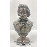 A RESIN BUST OF BEETHOVEN, 30CM HIGH, HEAD HAS BEEN REPAIRED