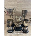 *FIVE LARGE TROPHY CUPS ON STANDS DATED 1907, 1909, 1930 AND 1934