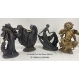 THREE RESIN ART DECO STYLE FIGURINES WITH A PAINTED PLASTER CHERRUB
