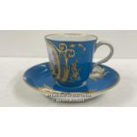 SMALL SEVRES HAND PAINTED CUP AND SAUCER CIRCA 1751 - 1753, SAUCER HAS A SMALL CHIP TO THE EDGE, THE