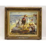ORIGINAL UNSIGNED OIL ON CANVAS DEPICTING CHILDREN AT THE BEACH, 79.5 X 69CM INCLUDING GILT FRAME