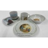 WEDGEWOOD PETER RABIT CUP, PLATE AND BOWL WITH A GRUFFALO PLATE ANDE CUP SET