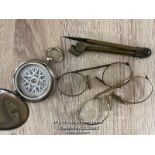 *TWO VINTAGE SPRUNG BRIDGE EYEGLASSES, OLD BRASS DRAWING COMPASS AND VINTAGE COMPASS (WITHOUT DIAL)