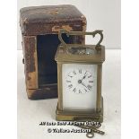 ANTIQUE BRASS CARRAGE CLOCK BY R&C PARIS STAMPED MADE IN FRANCE. IN CARRY CASE WITH KEY, 10.1CM