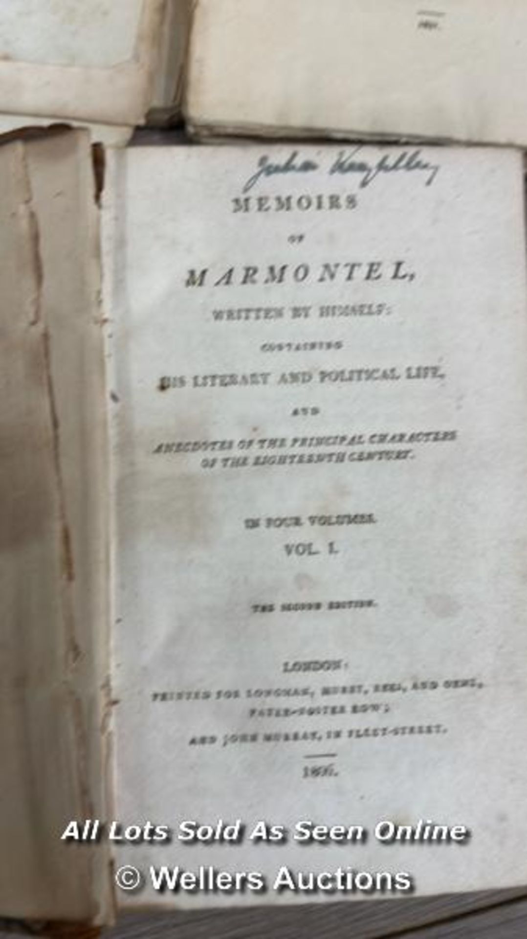 FOUR VERY OLD BOOKS INCLUDING MEMOIRS OF MARMONTEL - Image 2 of 6